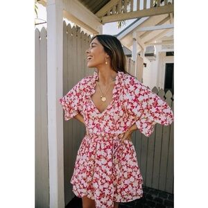 Barefoot Blonde Palm Beach Leilani Dress Pink White Floral Boho Tiered Rayon XS